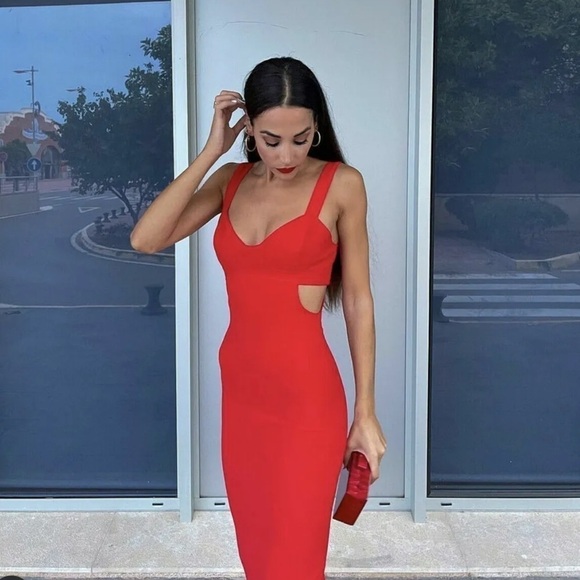 ZARA Blogger Favorite Red Cutout Strappy Bodycon Midi Dress XS NWT Valentines - Picture 12 of 16